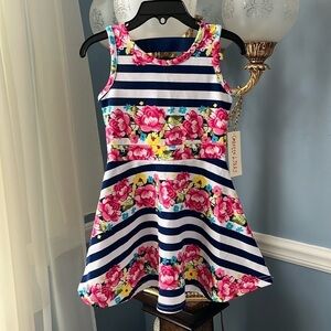 Brand New Colette Lilly Navy & White Striped Sleeveless Dress w/ Pink Floral